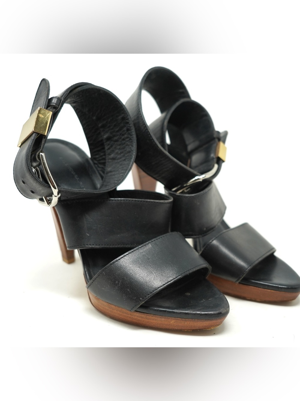 Balenciaga Sandals Chunky Wooden Heel Gold-tone Buckle Woman’s Size 38.5